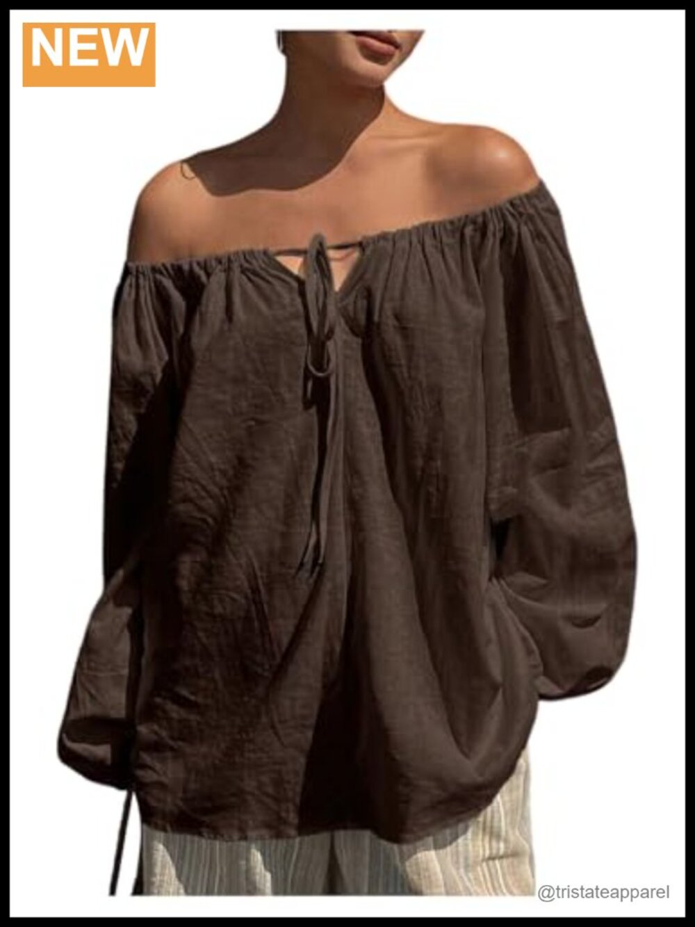 Off Shoulder Loose Fit Blouse Long Sleeve Tie Front Scoop Neck Viscose